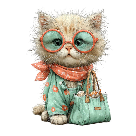 cat, animal, whimsical, cute, eyeglasses, mint green, coral orange, seafoam green, rustic, vintage, playful, character fabric, illustrated, hand-drawn, quirky, fashionable cat, accessories, scarf, bag, boho, children's, nursery, novelty, adorable, character panel, storybook style, trendy