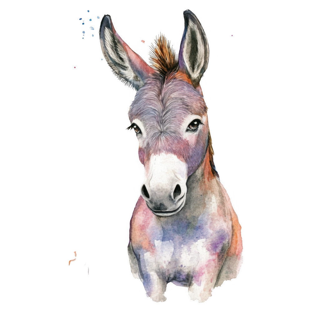 watercolor donkey, watercolor animals, whimsical donkey, painted donkey, animal portrait, pastel colors, dusty rose, lavender purple, soft blue, peachy orange, burnt orange, multicolor animals, watercolor style, artistic animals, farm animals, donkey illustration, colorful animals, modern whimsical, bohemian animals, nursery animals, children's animals, cute animals, gentle animals, soft watercolor, abstract animal, contemporary art, decorative animals, kids fabric, playful animals, nature inspired