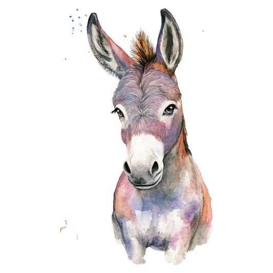 watercolor donkey, watercolor animals, whimsical donkey, painted donkey, animal portrait, pastel colors, dusty rose, lavender purple, soft blue, peachy orange, burnt orange, multicolor animals, watercolor style, artistic animals, farm animals, donkey illustration, colorful animals, modern whimsical, bohemian animals, nursery animals, children's animals, cute animals, gentle animals, soft watercolor, abstract animal, contemporary art, decorative animals, kids fabric, playful animals, nature inspired
