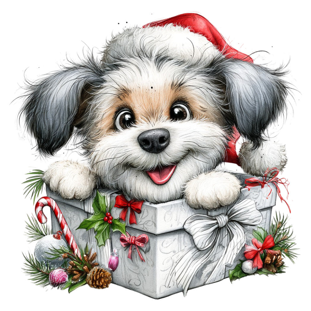 christmas dog, holiday puppy, shih tzu, fluffy dog, festive animal, red santa hat, candy cane, holly leaves, pine branches, pinecones, red bows, white and gray, cream and charcoal, black and white dog, whimsical, cute, cheerful, seasonal, christmas theme, winter holiday, gift box, decorative ornaments, festive greeting, children's illustration, pet lover, holiday spirit, joyful expression, wrapped present