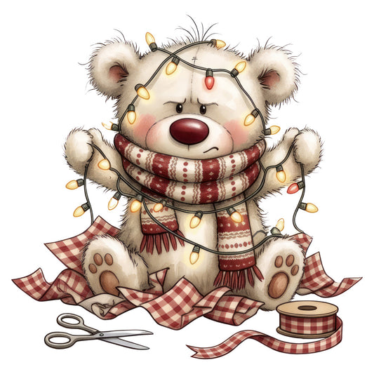cream, ivory, burgundy, wine red, warm white, plaid, gingham, checkered, teddy bear, christmas, holiday, festive, whimsical, cute, charming, vintage, decorative lights, string lights, scarf, cozy, winter, seasonal, baby, nursery, children's, stuffed animal, knit pattern, ribbon, craft supplies, heartwarming