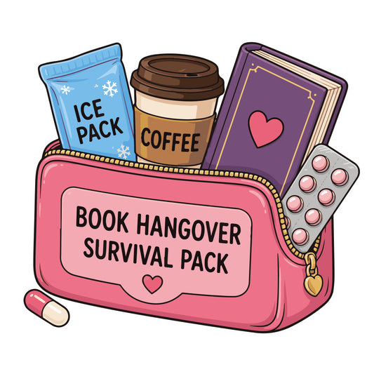 book hangover, survival pack, coffee lover, ice pack, purple, coral pink, sky blue, brown, heart motif, book themed, coffee cup, diary, journal, pills, medication, humorous, whimsical, funny quote, modern, contemporary, gift for book lovers, reading themed, bookworm, caffeine, wellness, self-care, novelty print, pop culture, trendy, young adult