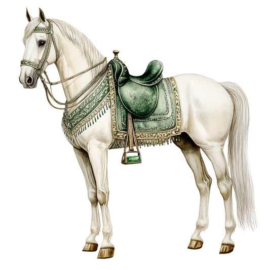 cream, ivory, forest green, sage green, gold, bronze, horse, equestrian, western, saddle, bridle, tack, vintage, elegant, traditional, classical, animal motif, detailed illustration, ornate, decorative, riding, luxury, refined, botanical, detailed design, heritage, timeless, sophisticated