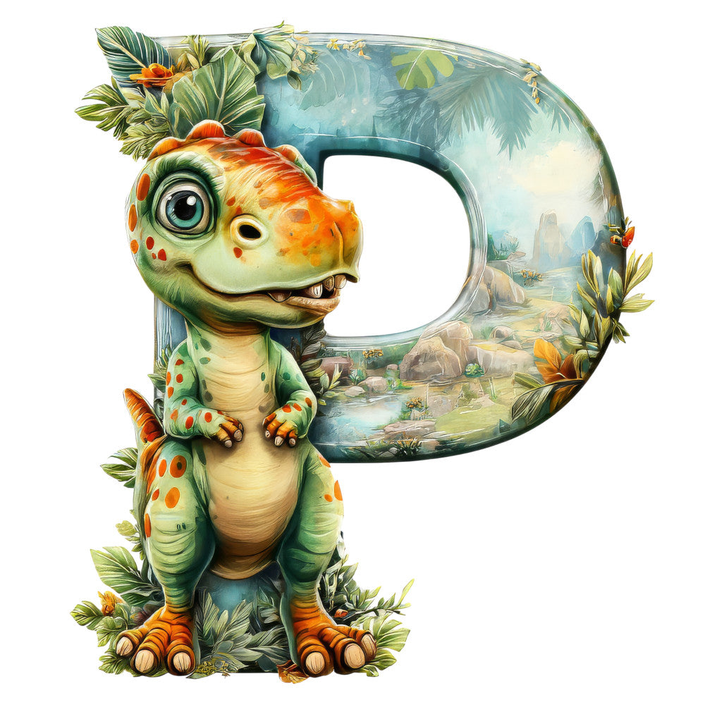 dinosaur, alphabet letter, green, orange, blue, tropical leaves, prehistoric scene, cartoon style, children's fabric, quilting panel, cotton fabric, baby dinosaur, jungle foliage, palm fronds, whimsical art, nursery theme, educational fabric, bright colors, playful design, reptile character
