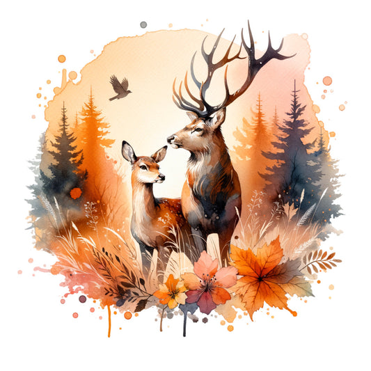 autumn deer, fall wildlife, forest animals, watercolor stag, buck and doe, rustic woodland, orange and cream, burnt orange, terracotta, warm neutrals, nature scene, forest landscape, evergreen trees, conifer forest, wildflowers, autumn florals, bird in flight, whimsical nature, bohemian style, artistic watercolor, autumn themed, fall colors, harvest season, woodland creatures, forest scene, elegant rustic, nature illustration, large scale panel, home decor, wall hanging