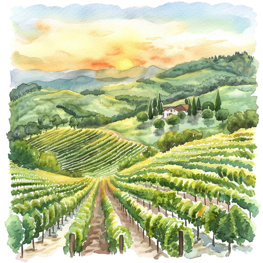 watercolor painting, vineyard landscape, rolling hills, green vines, sunset sky, orange clouds, yellow sun, blue mountains, white farmhouse, cypress trees, wine country, summer scene, pastoral view, fabric panel, quilting cotton, nature artwork, agricultural fields, mediterranean style, golden hour lighting, scenic vista