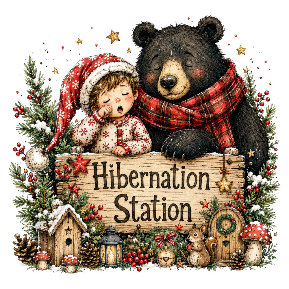 hibernation station, christmas, winter, holiday, bear, child, baby, cozy, woodland, forest, rustic, whimsical, storybook, vintage, festive, red plaid, cream, forest green, gold stars, red berries, evergreen, pine branches, mushrooms, squirrel, birdhouses, lantern, wreath, snow, magical, nursery