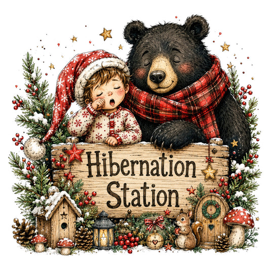 hibernation station, christmas, winter, holiday, bear, child, baby, cozy, woodland, forest, rustic, whimsical, storybook, vintage, festive, red plaid, cream, forest green, gold stars, red berries, evergreen, pine branches, mushrooms, squirrel, birdhouses, lantern, wreath, snow, magical, nursery