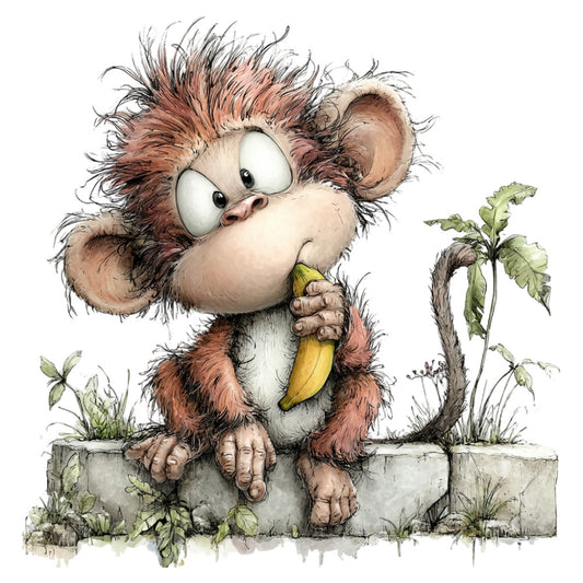monkey, cute animals, whimsical, children's, banana, playful, brown, tan, cream, white, green, illustration, storybook, animal characters, nature, plants, foliage, leaves, rustic, vintage style, kid's fabric, nursery, baby, adventure theme, charming, detailed artwork, watercolor style, quirky, fun