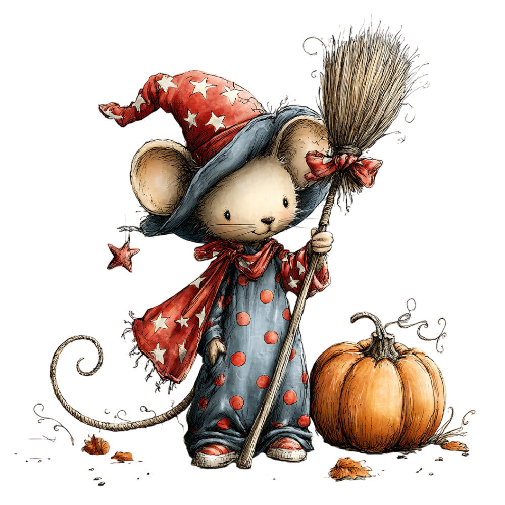 whimsical mouse, autumn, fall harvest, pumpkin, stars, red and blue, cream, witch hat, broomstick, magical, storybook, children's, cute animals, festive, seasonal, harvest theme, woodland, folk art, vintage illustration, charming, playful, cozy, rustic, country, children's panel, wall hanging, baby quilt, character print, decorative motifs, rustic charm