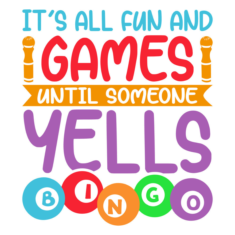 teal blue, bright red, orange, purple, green, bingo balls, game theme, playful design, colorful circles, fun saying, fabric panel, quilting cotton, gaming motif, recreational theme, vibrant colors, multicolored text, hobby design, leisure activity, craft fabric, bingo game