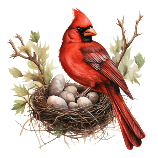 red cardinal, bird illustration, nest with eggs, brown twigs, green leaves, watercolor style, nature scene, wildlife art, fabric panel, quilting cotton, spring theme, bird watching, realistic rendering, warm tones, botanical elements, avian subject, nesting birds, earthy browns, vibrant red