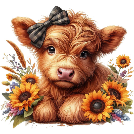 Rustic Sunflower Highland Cows Fabric Panel 19