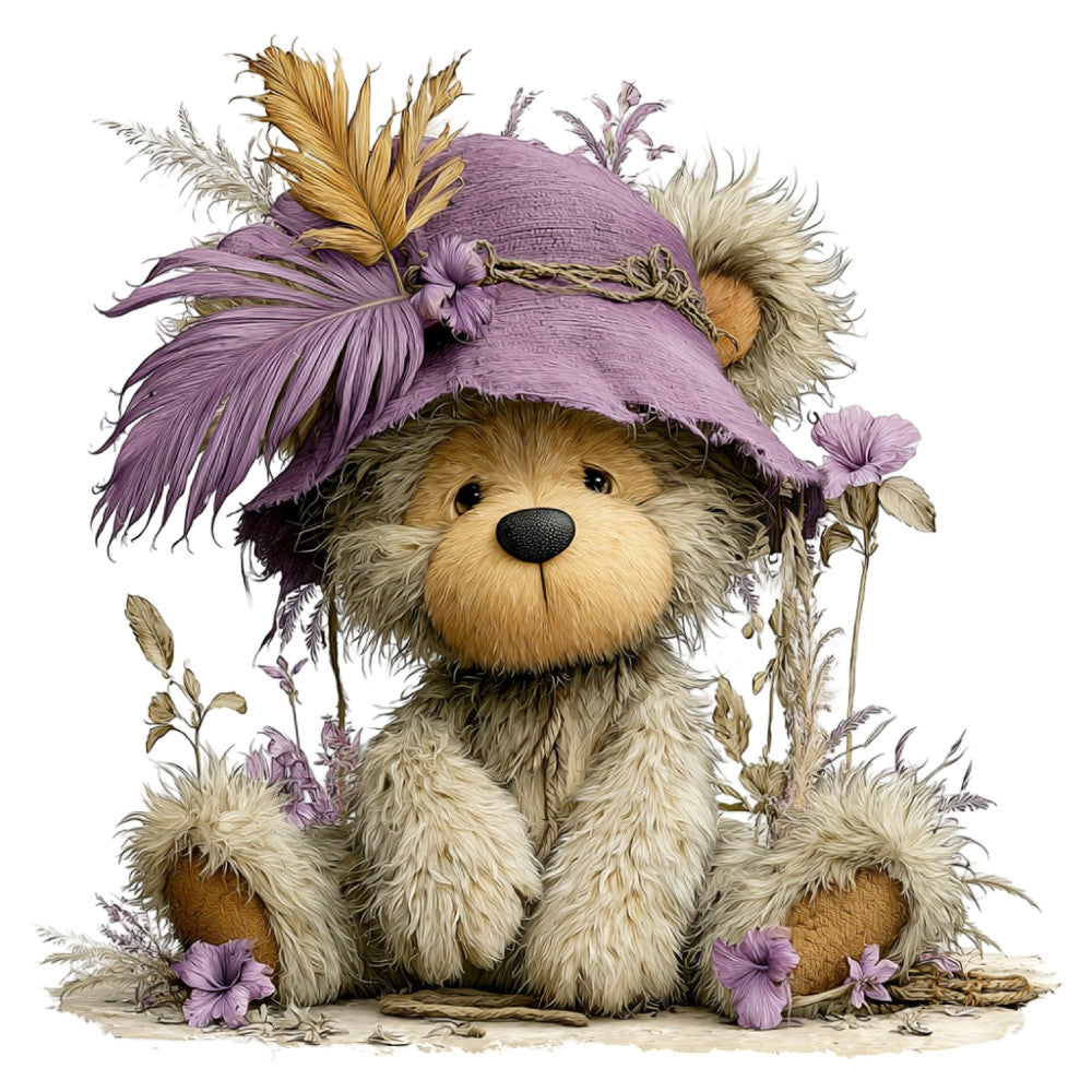 cute teddy bear, purple hat, whimsical animals, children's fabric, baby quilt, lavender purple, dusty mauve, cream beige, tan brown, floral, wildflowers, small flowers, nature themed, woodland creatures, storybook style, vintage illustration, soft palette, gentle style, springtime, garden theme, decorative hat, playful characters, nursery decor, sweet illustration, botanical elements, dried flowers, pastoral scene, charming design, adorable bear, fabric panel