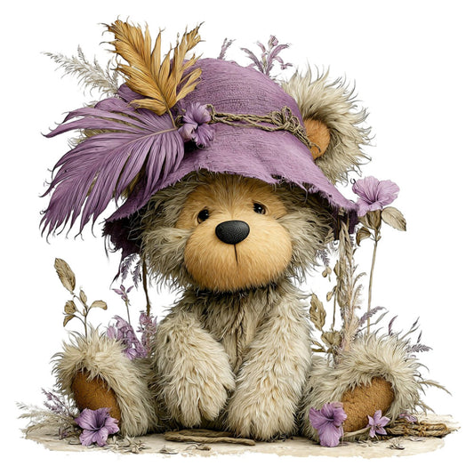 cute teddy bear, purple hat, whimsical animals, children's fabric, baby quilt, lavender purple, dusty mauve, cream beige, tan brown, floral, wildflowers, small flowers, nature themed, woodland creatures, storybook style, vintage illustration, soft palette, gentle style, springtime, garden theme, decorative hat, playful characters, nursery decor, sweet illustration, botanical elements, dried flowers, pastoral scene, charming design, adorable bear, fabric panel