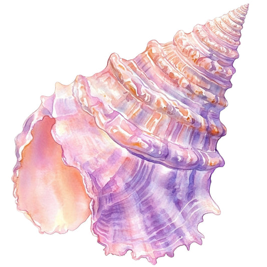 Watercolor Sea Shells Fabric Panel 5 showing a detailed pink and purple watercolor painting of a sea shell on cotton fabric.