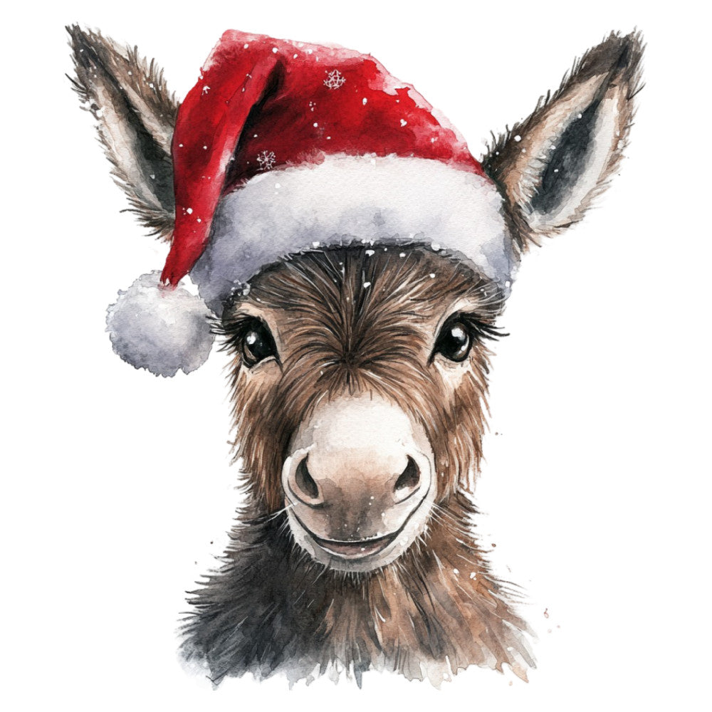christmas donkey, holiday animal, santa hat, festive red and white, brown and cream, whimsical, farmhouse animal, cute donkey face, winter holiday, christmas panel, seasonal fabric, red santa, snow flakes, children's holiday, cute animal print, rustic farmhouse, traditional christmas, holiday farmhouse, cheerful animal, festive decoration, large scale print, statement animal, holiday decor, cream colored, warm brown tones, smile face, playful animal, christmas critter, holiday cheer, seasonal decor