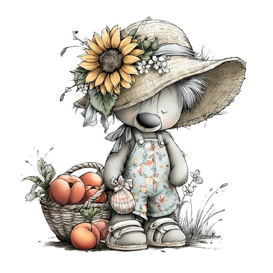 sunflower, straw hat, whimsical, cute animal, bear, garden, harvest, rustic, farmhouse, cream, tan, beige, coral, peach, soft green, sage green, cottage core, spring, summer, nature, botanical, vegetables, onion, basket, children's, baby, folk art, vintage, gentle, sweet