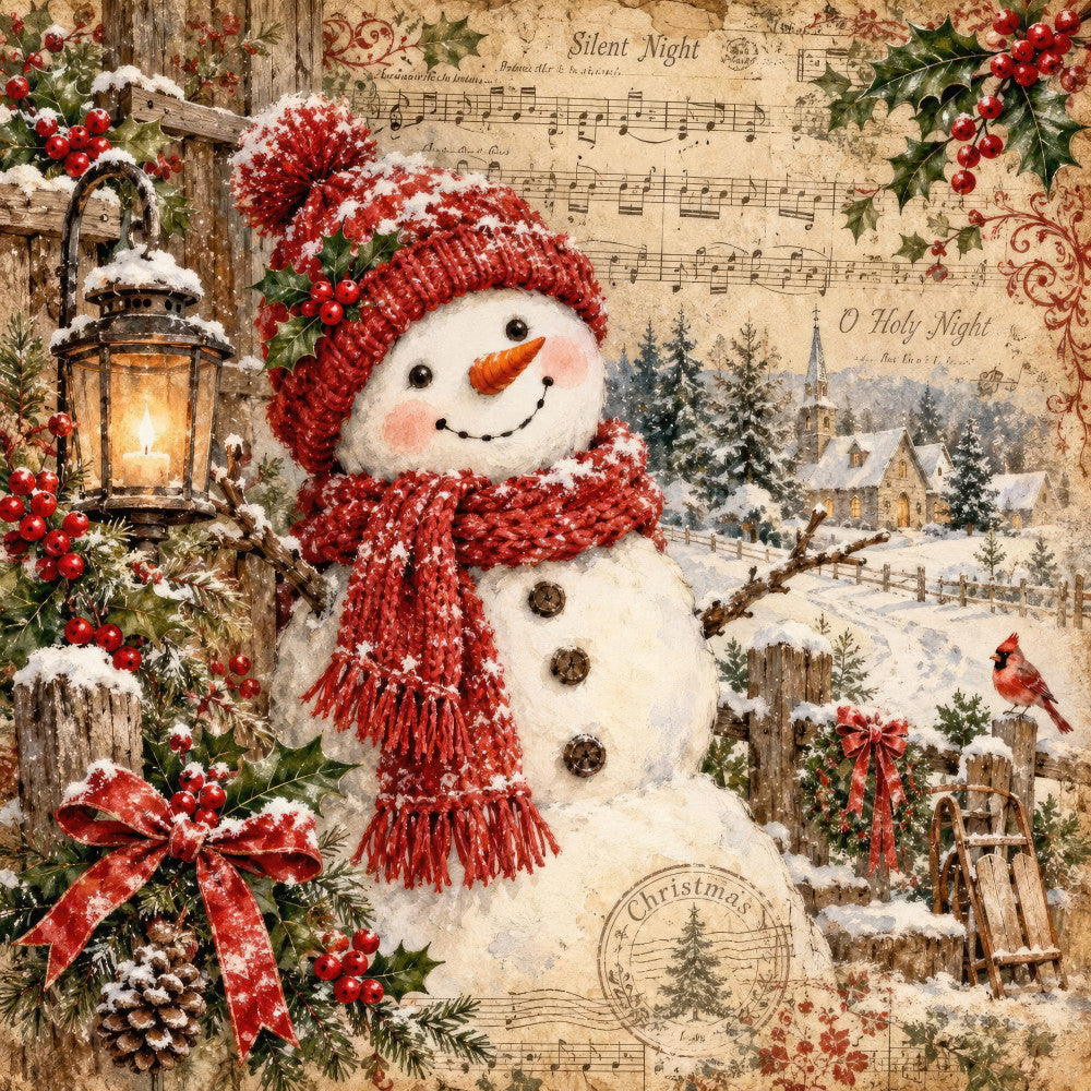 snowman, christmas, holiday, winter, vintage, rustic, red, cream, ivory, orange, forest green, gold, festive, nostalgic, traditional, whimsical, snowy landscape, berries, holly, cardinal, lantern, music notes, bell, sheet music, cottage, snow-covered trees, red plaid, countryside, elegant, greeting card aesthetic