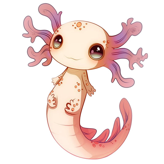 cartoon axolotl, kawaii style, pink gills, cream colored, peachy tones, cute animal, amphibian character, adorable creature, fabric panel, quilting cotton, nursery decor, children's fabric, whimsical design, soft pastels, big eyes, smiling face, aquatic animal, spotted pattern, playful mood, craft material