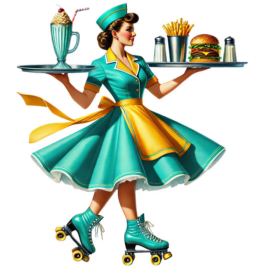 turquoise, teal, gold, yellow, retro, vintage, 1950s, diner, waitress, roller skates, mid-century modern, nostalgic, whimsical, fun, playful, food, hamburger, french fries, milkshake, ice cream, kitchen, dining, novelty, themed, illustration, character, pin-up style, cheerful, colorful, kitsch