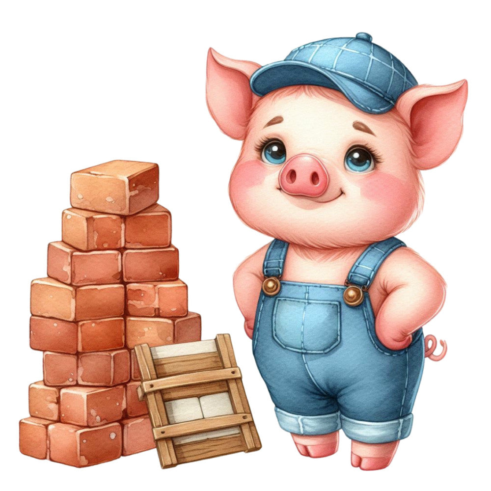 cute pig, cartoon pig, farm animals, farmer pig, blue overalls, denim, coral pink, light blue, brick red, construction theme, builder pig, whimsical, children's, nursery, farmhouse, playful, animal characters, anthropomorphic animals, building blocks, brick wall, construction worker, cute characters, baby friendly, cheerful, humorous animals, rustic, country style, barn animals