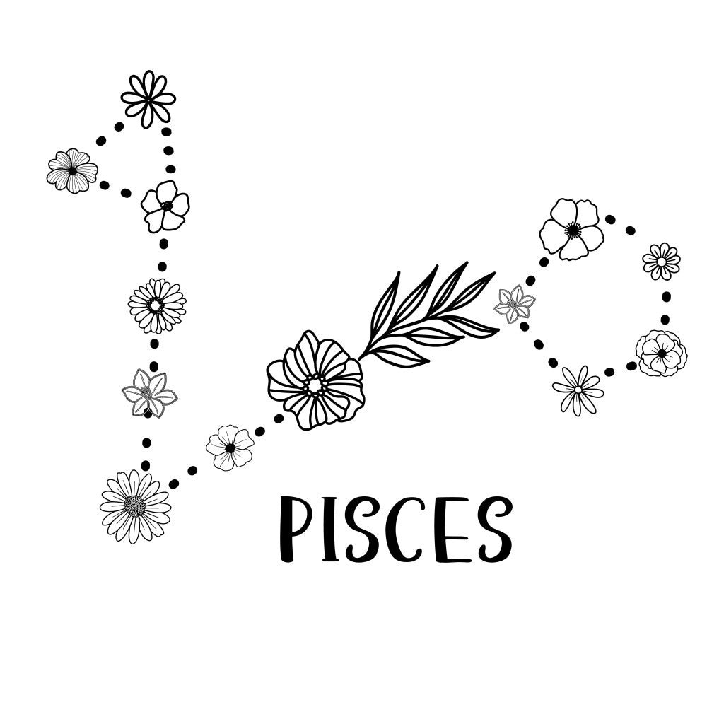 pisces zodiac, black and white, line drawing, floral, botanical, nature, flowers, constellation, astrology, horoscope, whimsical, minimalist, modern, elegant, decorative, line art, daisies, daisies cluster, celestial theme, zodiac sign, fish symbol, spring flowers, summer flowers, artistic, sketch style, dotted trail, flowing design, spiritual, mystical
