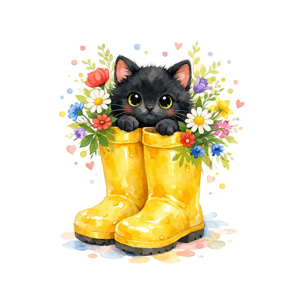 black cat, yellow boots, floral, whimsical, cute animals, spring, summer, nature, garden flowers, colorful, daisies, roses, purple flowers, blue flowers, red flowers, yellow flowers, green leaves, hearts, sweet, playful, cheerful, bright colors, soft colors, botanical, cottage core, children's, baby, girl, decorative, illustration