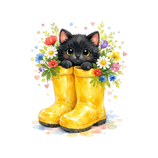 black cat, yellow boots, floral, whimsical, cute animals, spring, summer, nature, garden flowers, colorful, daisies, roses, purple flowers, blue flowers, red flowers, yellow flowers, green leaves, hearts, sweet, playful, cheerful, bright colors, soft colors, botanical, cottage core, children's, baby, girl, decorative, illustration