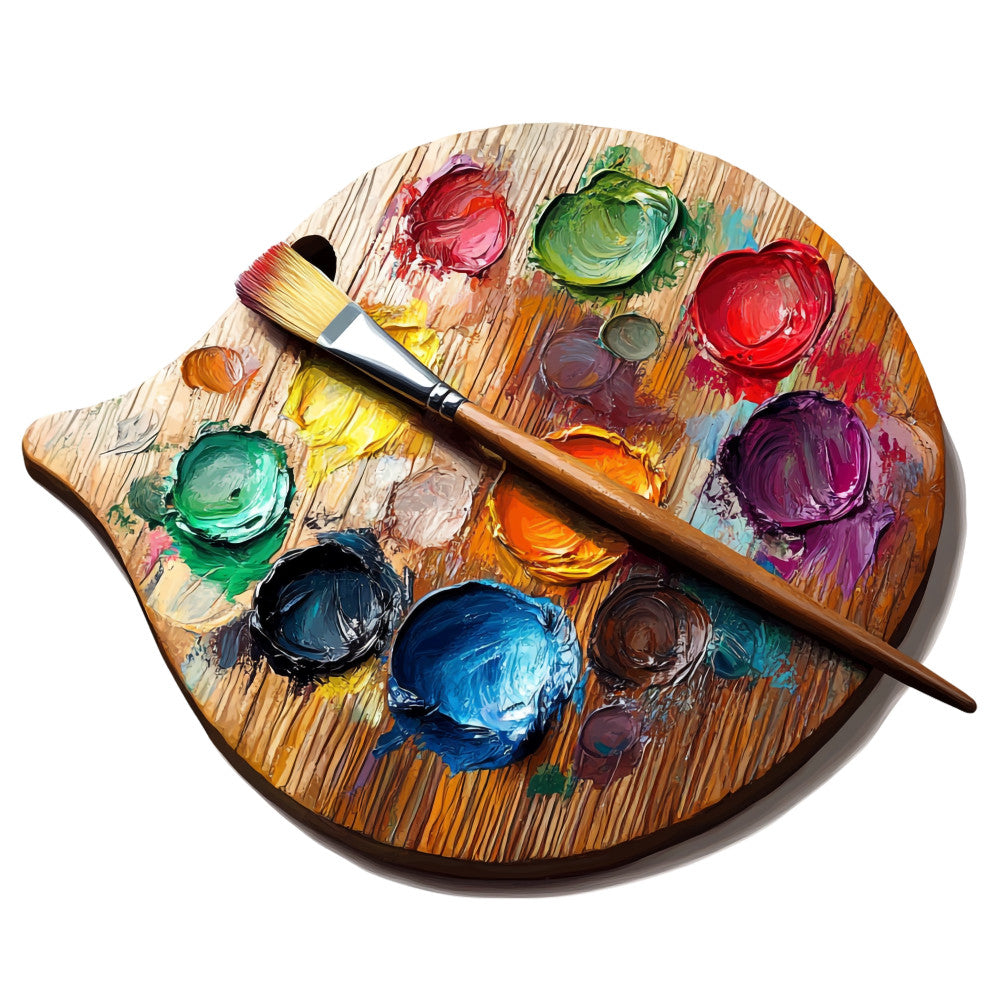 artist palette, paint brush, acrylic paints, red paint, blue paint, green paint, yellow paint, purple paint, wooden palette, art supplies, painting tools, colorful paints, mixed colors, creative theme, artistic design, fabric panel, quilting cotton, craft theme, studio art, painter's palette