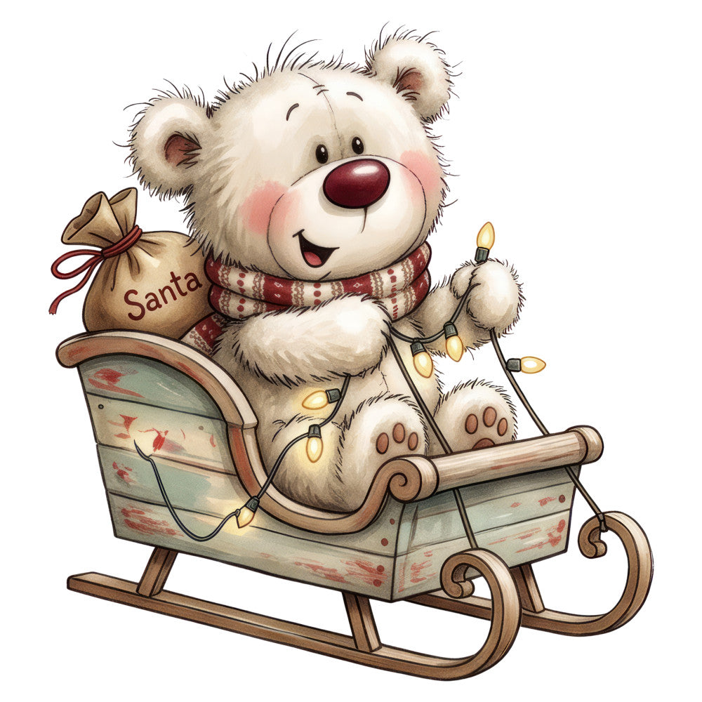 cream, white, burgundy red, rust brown, pale blue, soft pink, rosy cheeks, teddy bear, christmas, holiday, santa, festive, whimsical, cute, playful, winter, sleigh, lights, decorative lights, vintage style, rustic, charming, children, baby, cheerful, joyful, cozy, nostalgic, traditional christmas