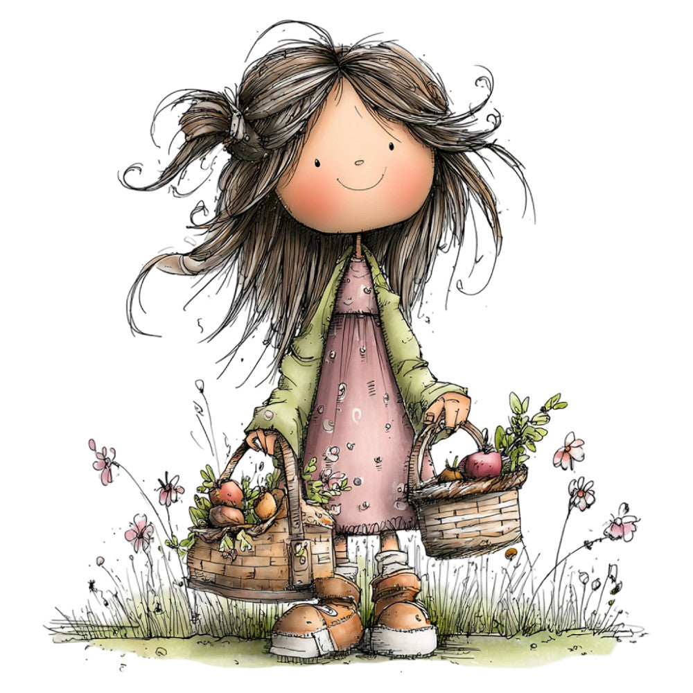 girl character, whimsical, spring, nature, garden, flowers, baskets, vegetables, produce, harvest, rustic, charming, children's, illustration, sage green, dusty rose, mauve, cream, folk art, storybook, pastoral, countryside, floral, daisy, sweet, innocent, young girl, decorative panel, nursery, baby quilt