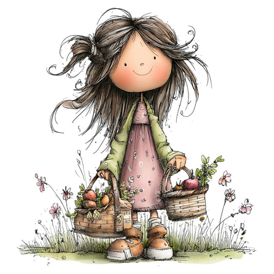 girl character, whimsical, spring, nature, garden, flowers, baskets, vegetables, produce, harvest, rustic, charming, children's, illustration, sage green, dusty rose, mauve, cream, folk art, storybook, pastoral, countryside, floral, daisy, sweet, innocent, young girl, decorative panel, nursery, baby quilt