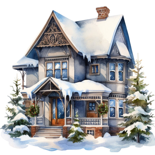 Watercolor Winter Houses Fabric Panel 11