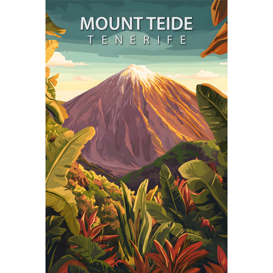 mount teide, tenerife, travel poster, volcanic mountain, tropical vegetation, sunset colors, purple mountain, golden light, exotic plants, scenic landscape, fabric panel, quilting cotton, nature scene, spanish destination, warm tones, orange sky, lush foliage, outdoor adventure, tourism art, vibrant illustration
