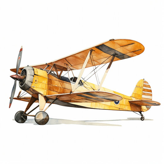 vintage airplane, biplane, golden yellow, burnt orange, cream, tan, brown, aviation, retro aircraft, steampunk, transportation, mechanical, antique plane, travel themed, nostalgic, 1920s, 1930s, aeronautical, sky blue, fabric panel, wall hanging, home decor, adventure themed, masculine style, steampunk style, vintage travel, classic aviation, aircraft motif, propeller plane