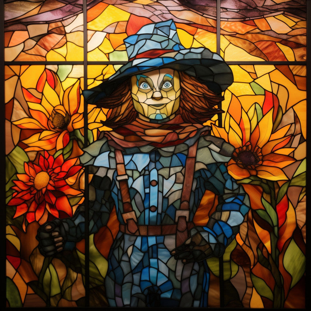 stained glass, scarecrow, wizard of oz, orange, yellow, blue, red, amber, sunflowers, autumn colors, mosaic pattern, fabric panel, quilting cotton, harvest theme, fall motif, geometric segments, warm tones, character design, fantasy figure, seasonal blooms