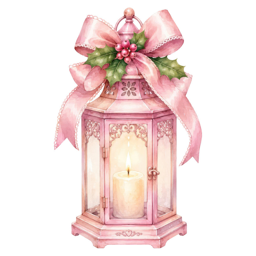 blush pink, rose pink, cream, soft pink, delicate, lantern, candle, holly berries, festive bow, ribbon, holiday, christmas, elegant, vintage, romantic, feminine, decorative, ornamental, traditional, winter, festive, botanical, berries, leaves, nature-inspired, timeless, whimsical, refined, decorative accents, seasonal