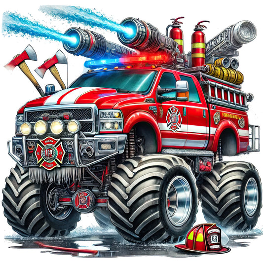 fire truck, firefighter, emergency vehicles, red and white, bright red, metallic silver, blue lights, red and yellow, monster truck, oversized wheels, novelty, whimsical, action-packed, vehicles, transportation, children's, boys, fire safety, rescue theme, large scale print, bold graphics, cartoon style, illustration, adventurous, playful, vibrant colors, high-energy design, apparel, home decor, kids' projects