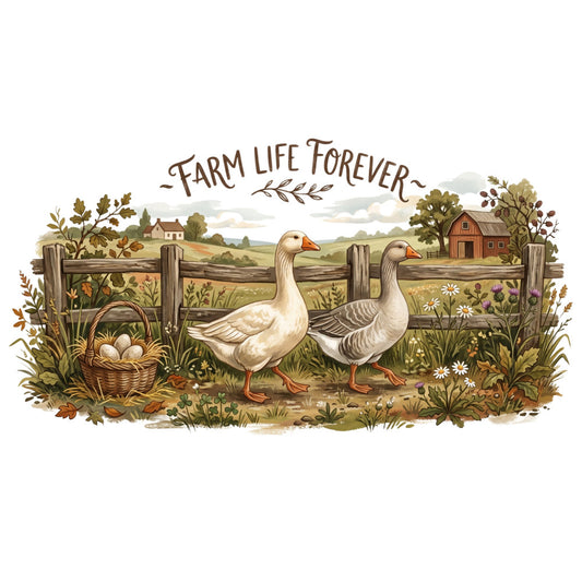 farm life forever, geese, ducks, farmhouse, rural landscape, barn, cottage, wooden fence, wildflowers, daisies, autumn, fall, harvest, rustic, vintage, cream, tan, brown, sage green, gold, countryside, pastoral, traditional, whimsical, farm animals, basket, nature scene, rustic charm, country living, seasonal