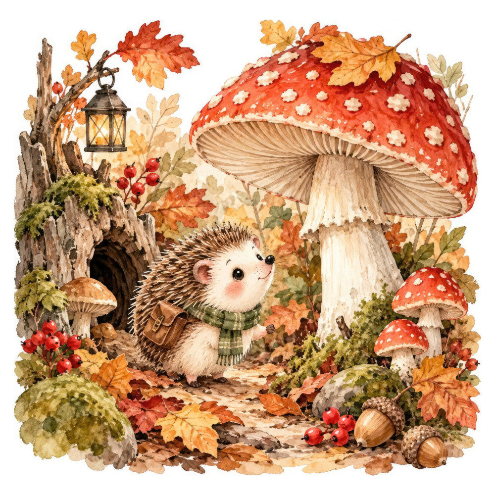 autumn, fall, hedgehog, mushroom, toadstool, forest, woodland, nature, animals, wildlife, red, cream, tan, beige, brown, gold, orange, yellow, green, moss, rustic, whimsical, cottage core, fairy tale, storybook, vintage, lantern, acorns, berries, leaves
