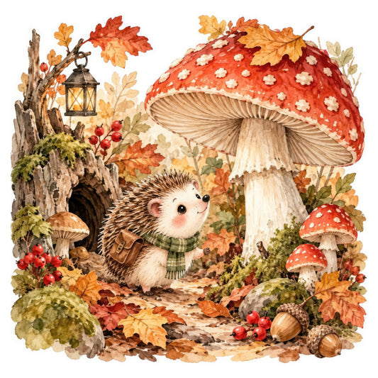 autumn, fall, hedgehog, mushroom, toadstool, forest, woodland, nature, animals, wildlife, red, cream, tan, beige, brown, gold, orange, yellow, green, moss, rustic, whimsical, cottage core, fairy tale, storybook, vintage, lantern, acorns, berries, leaves