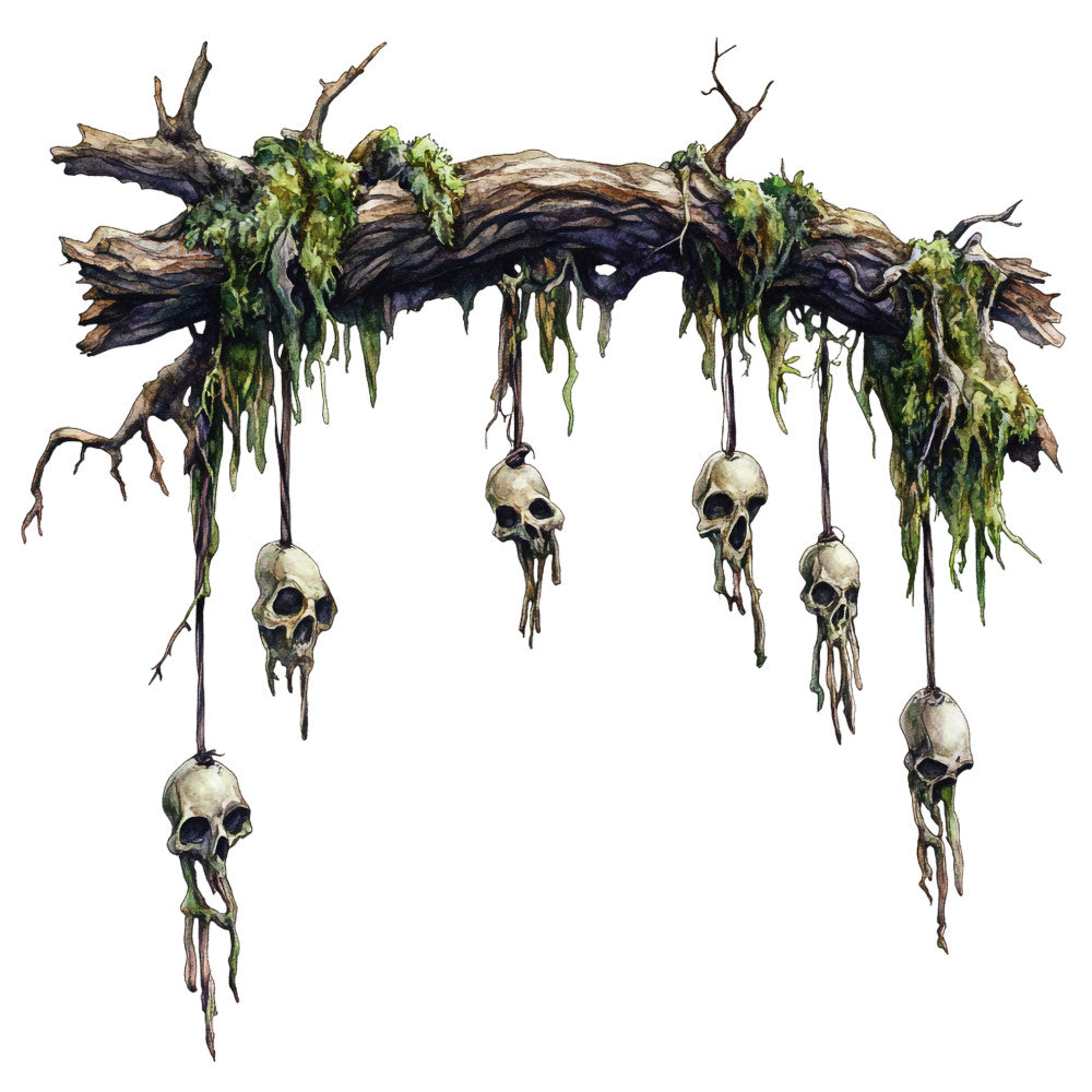 dark gothic, skulls, hanging skulls, moss green, forest green, bone white, cream, dark brown, weathered wood, grungy, spooky, halloween, macabre, horror themed, dark aesthetic, edgy, witchy, witchcraft, nature dark, botanical dark, creepy, eerie, moody, gothic decor, skull motifs, vines, draping vines, dark whimsical, alternative fashion, wall hanging