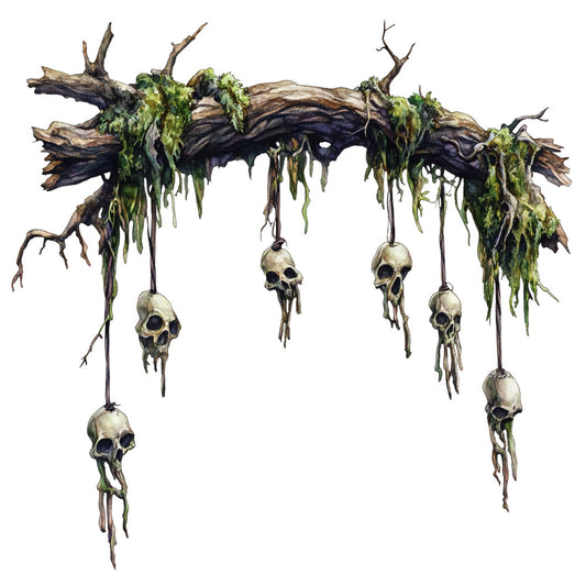 dark gothic, skulls, hanging skulls, moss green, forest green, bone white, cream, dark brown, weathered wood, grungy, spooky, halloween, macabre, horror themed, dark aesthetic, edgy, witchy, witchcraft, nature dark, botanical dark, creepy, eerie, moody, gothic decor, skull motifs, vines, draping vines, dark whimsical, alternative fashion, wall hanging