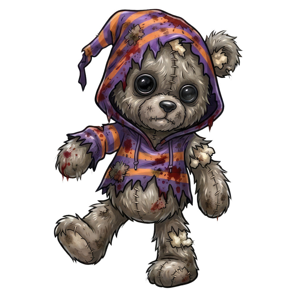 halloween, spooky, teddy bear, bear, purple, orange, dark purple, rust orange, stitched, patches, worn, distressed, whimsical, cute, creepy cute, kawaii, holiday, autumn, fall, wizard hat, pointed hat, striped clothing, torn fabric, embroidered details, playful, costume, trick or treat, seasonal, children's, young kids