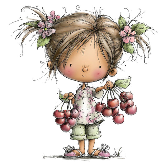 whimsical, children's illustration, little girl, flowers, berries, cherry, pink flowers, sage green, cream, tan, botanical, nature, spring, summer, cute, sweet, innocent, playful, storybook, vintage illustration, girl with braids, floral hair, fruit picking, garden, pastoral, soft colors, child-friendly, nursery, baby, decorative panel