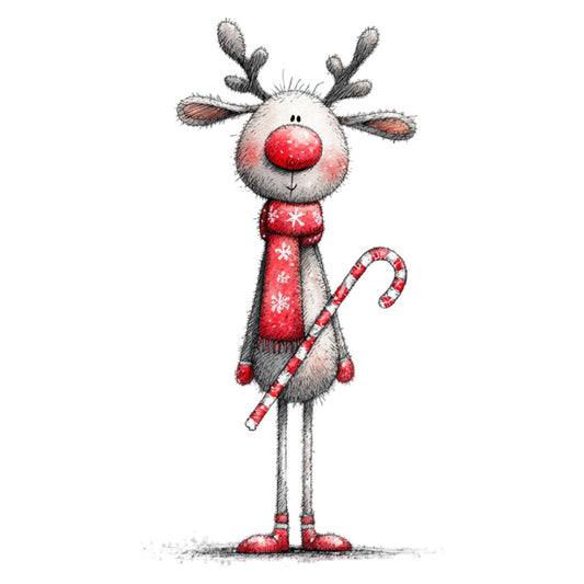 reindeer, rudolph, red nose, christmas, holiday, festive, winter, red, gray, grey, cream, white, whimsical, cute, children, kids, cartoon, sweater, scarf, candy cane, animals, seasonal, decorative, jolly, cheerful, innocent, playful, character panel