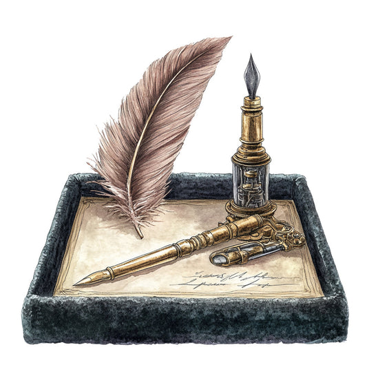 writing, quill pen, ink bottle, feather, vintage, antique, literary, classic, elegant, traditional, brown, tan, cream, slate gray, bronze, gold, nostalgic, historical, scholar, poet, manuscript, calligraphy, desk accessories, stationery, timeless, sophisticated, study room, library, writing desk, heritage