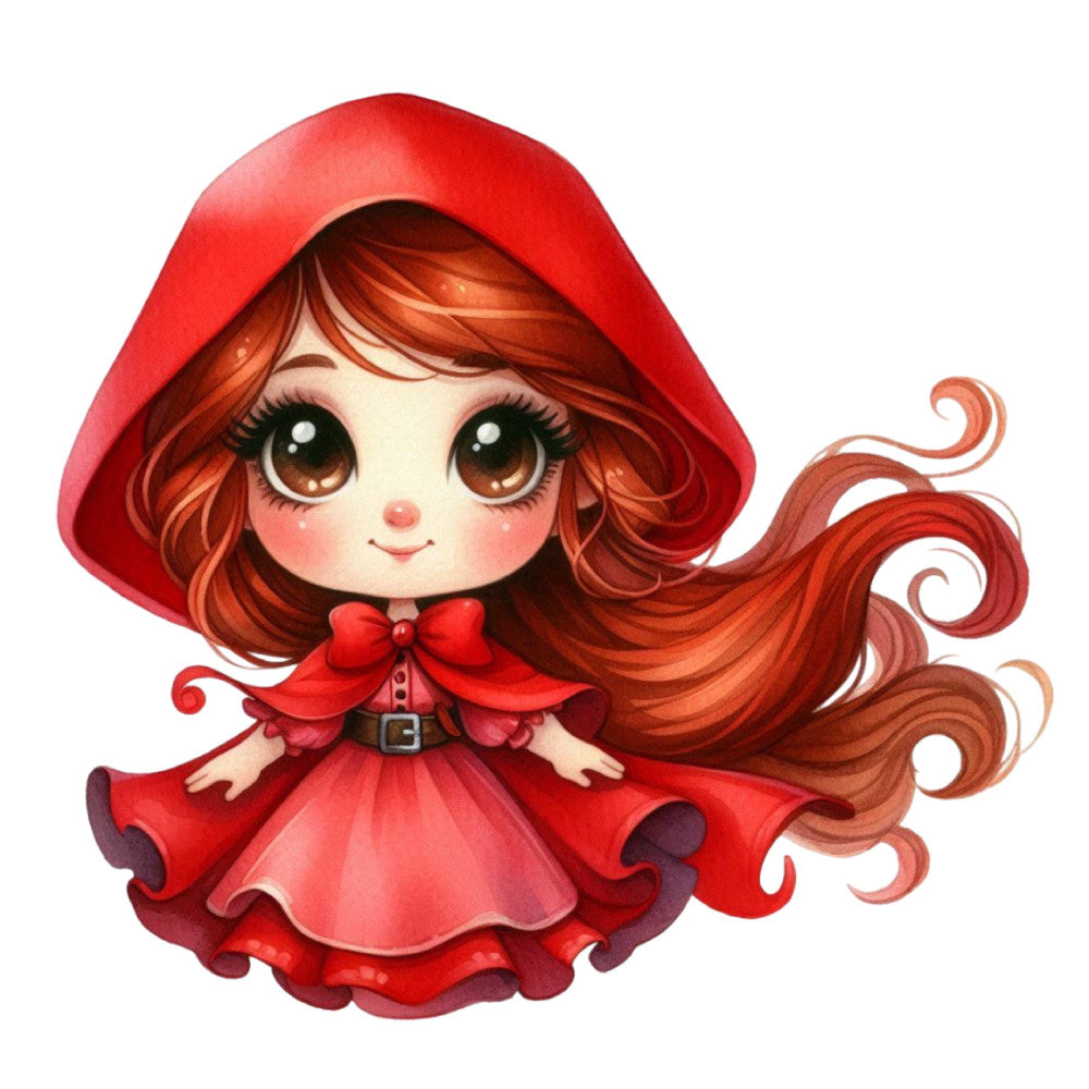 red, crimson, scarlet, burgundy, copper, rust, auburn, whimsical, fairy tale, storybook, little red riding hood, character, girl, cape, hood, fantasy, enchanted, magical, children's, kids, playful, charming, adorable, cute, illustration, character panel, nursery, baby, textile art, classic tale