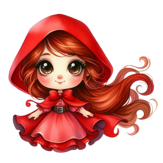 red, crimson, scarlet, burgundy, copper, rust, auburn, whimsical, fairy tale, storybook, little red riding hood, character, girl, cape, hood, fantasy, enchanted, magical, children's, kids, playful, charming, adorable, cute, illustration, character panel, nursery, baby, textile art, classic tale